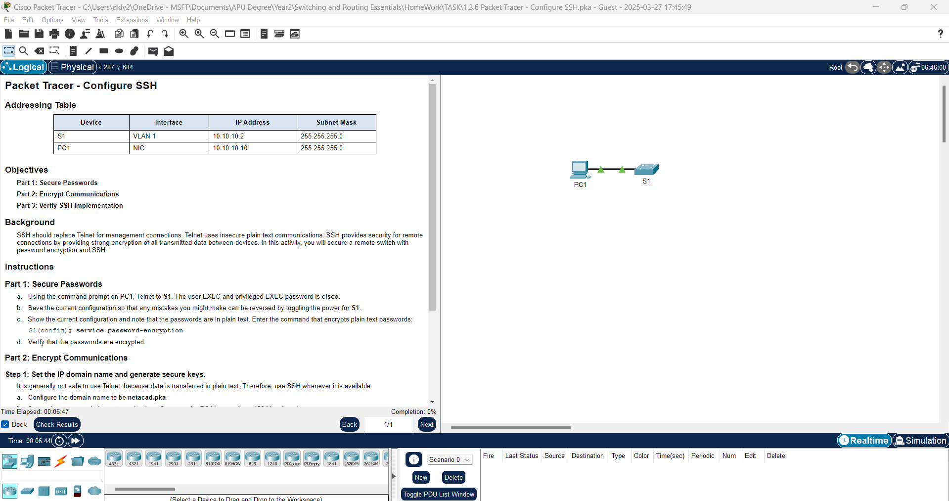 1.3.6 Packet Tracer - SSH Configuration | Secure Remote Access on a Cisco Switch